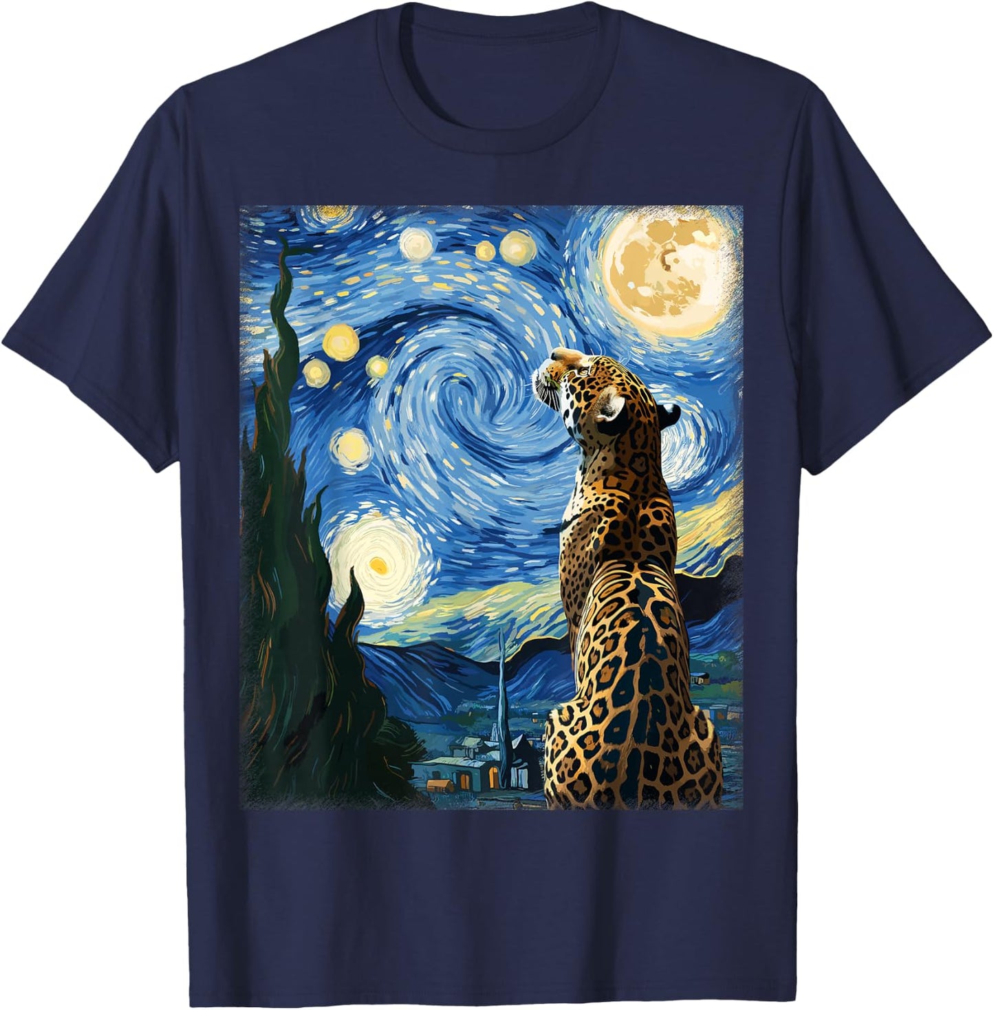 Artistic Jungle Animal Van Gogh Style Starry Night Jaguar T-Shirt - T-Shirt | Navy