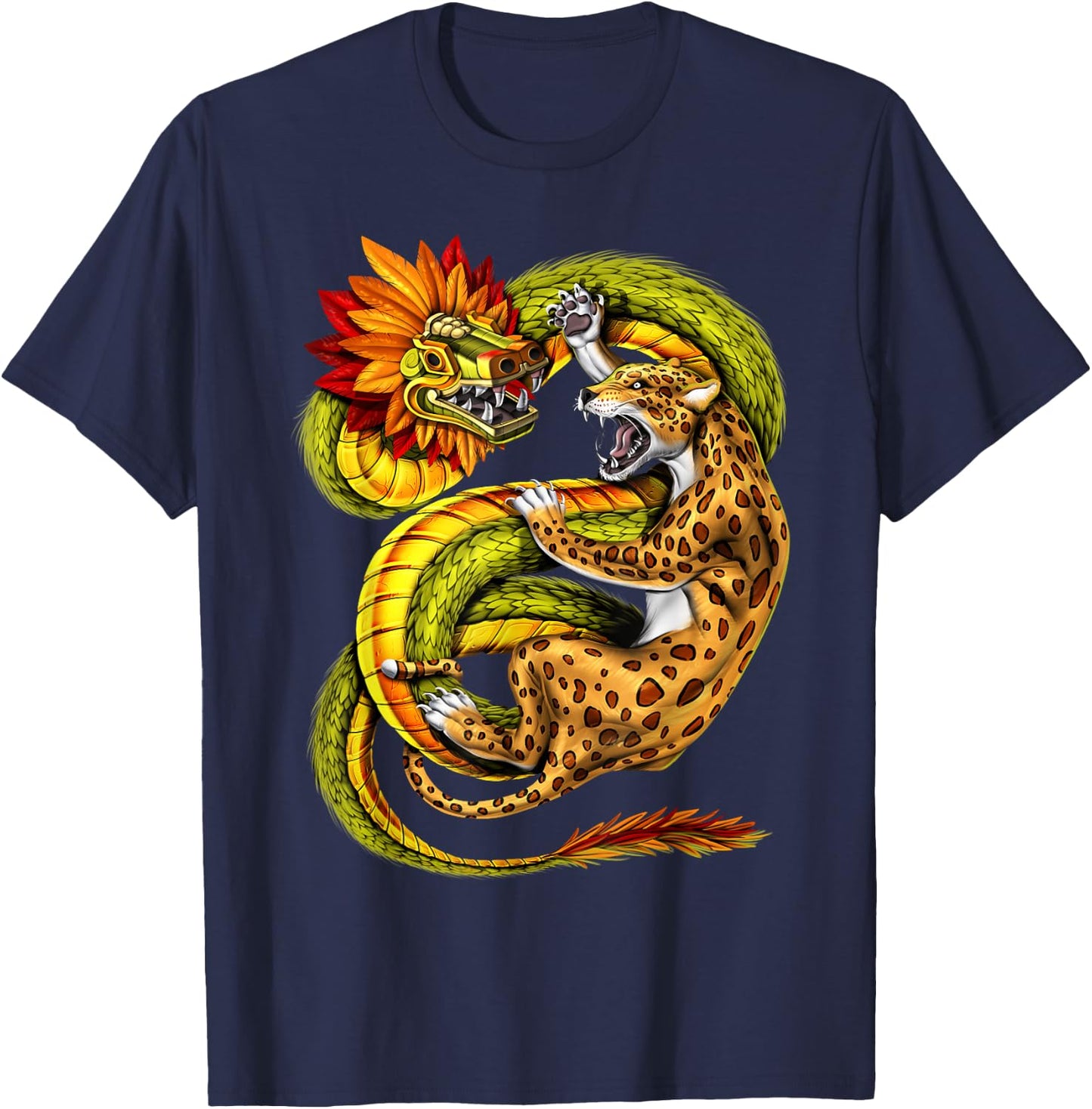 Aztec Feathered Serpent God Quetzalcoatl Aztec Jaguar T-Shirt - T-Shirt | Navy