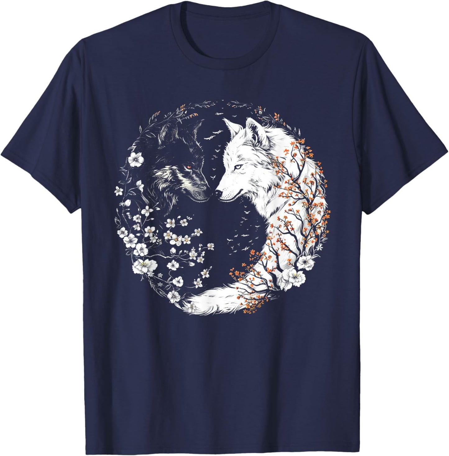 Yin Yang Of White And Black Wolves With Flower Wolf Lover T-Shirt - T-Shirt | Navy