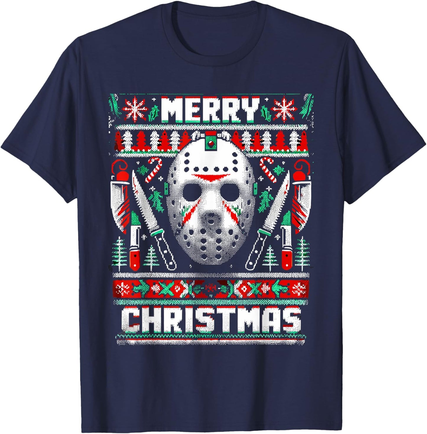 Merry Creepmas Festive Slasher Ugly Christmas T-Shirt - T-Shirt | Navy