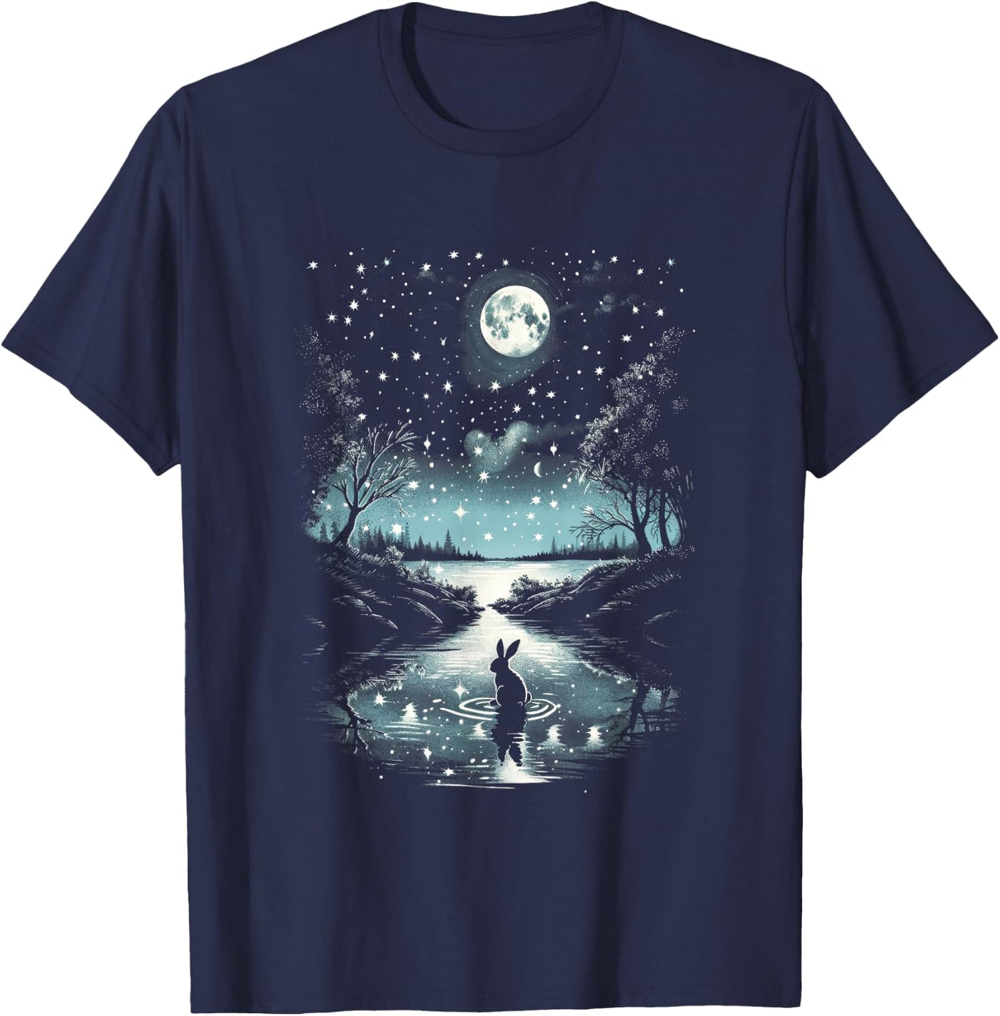 Serene Moonlit Bunny Moon Rabbit Night Sky T-Shirt - T-Shirt | Navy