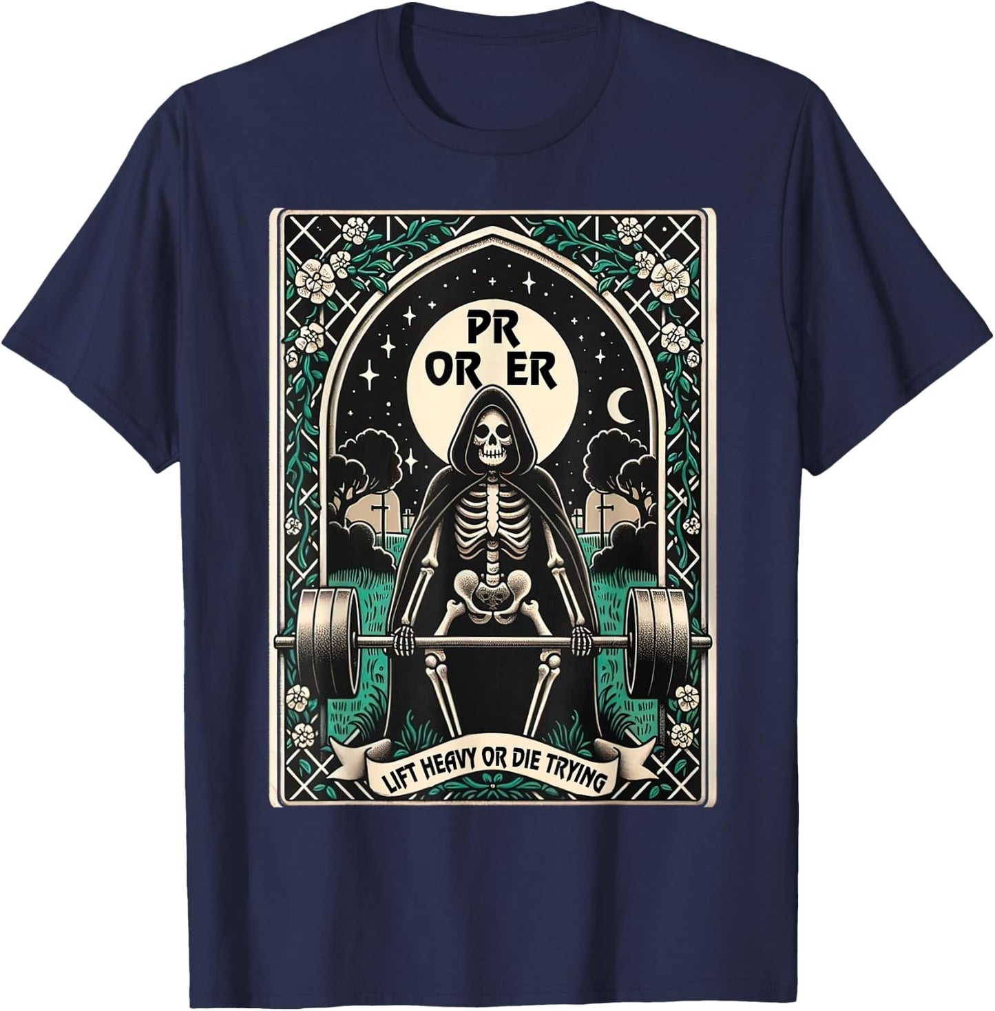 Skeleton Gym, Halloween Pump Cover, PR OR ER Card Tarot T-Shirt - T-Shirt | Navy