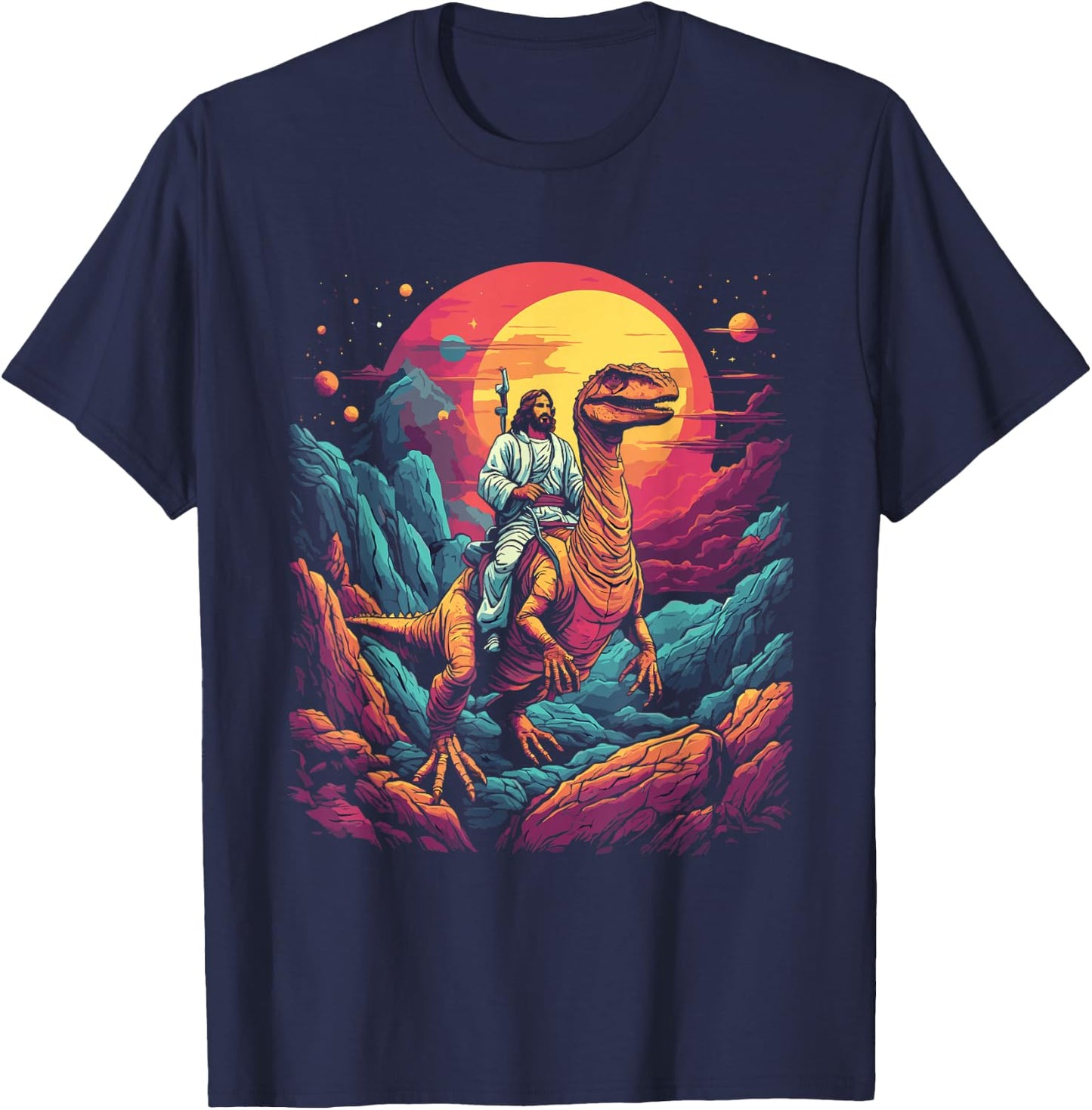 Jesus reitet im Weltraum T-Rex Dinosaurier Meme Sci-Fi Believers T-Shirt - T-Shirt | Navy
