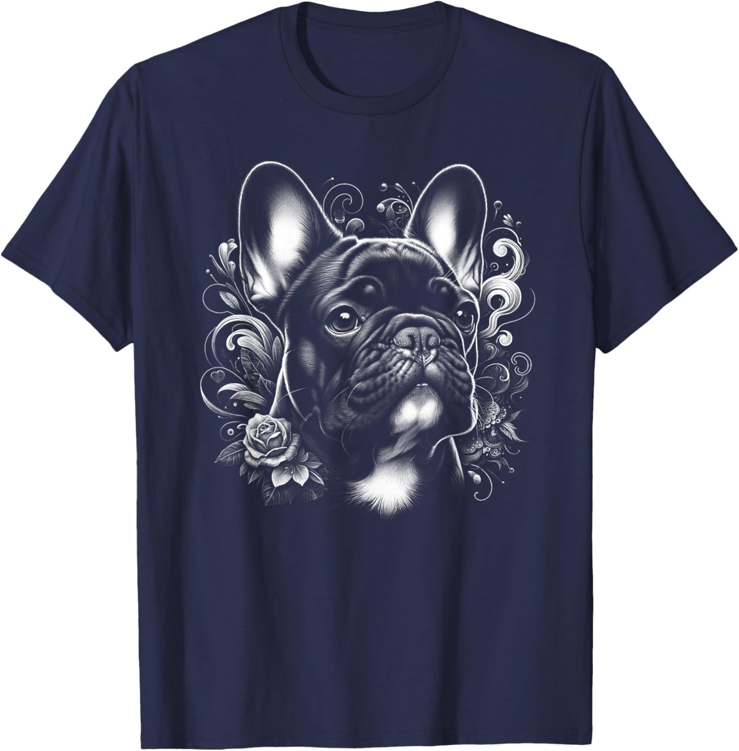 Cute French Bulldog with Flower Decoration , black T-Shirt - T-Shirt | Navy