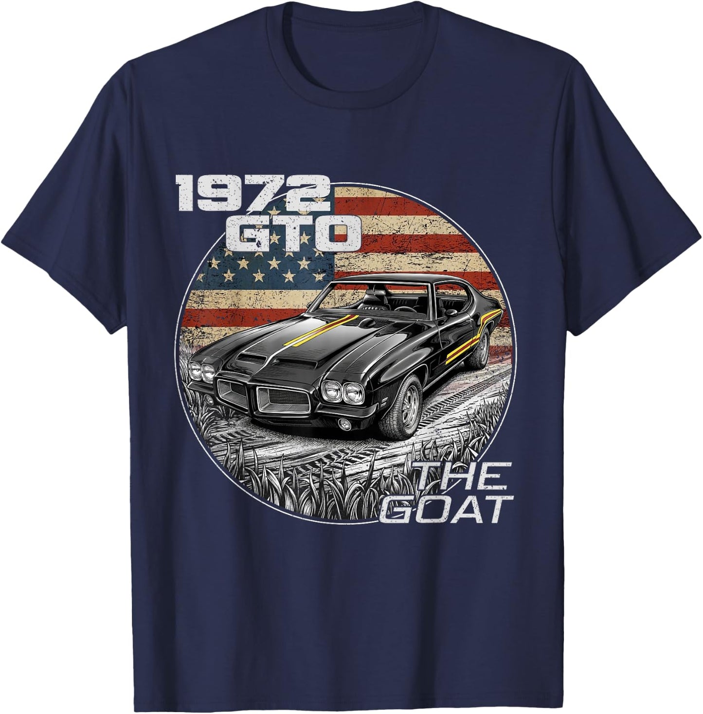 72 1972 GTO American Flag Silhouette Muscle Car T-Shirt - T-Shirt | Navy