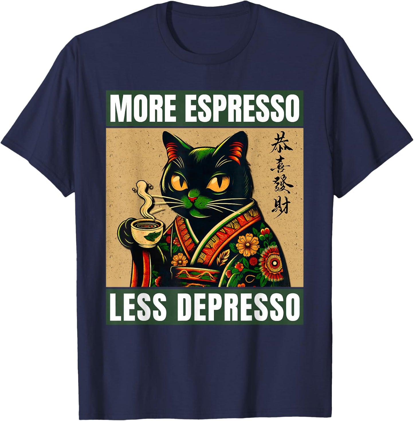 More Espresso Less Depresso Japanese Funny Cat T-Shirt - T-Shirt | Navy
