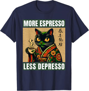 More Espresso Less Depresso Japanese Funny Cat T-Shirt - T-Shirt | Navy