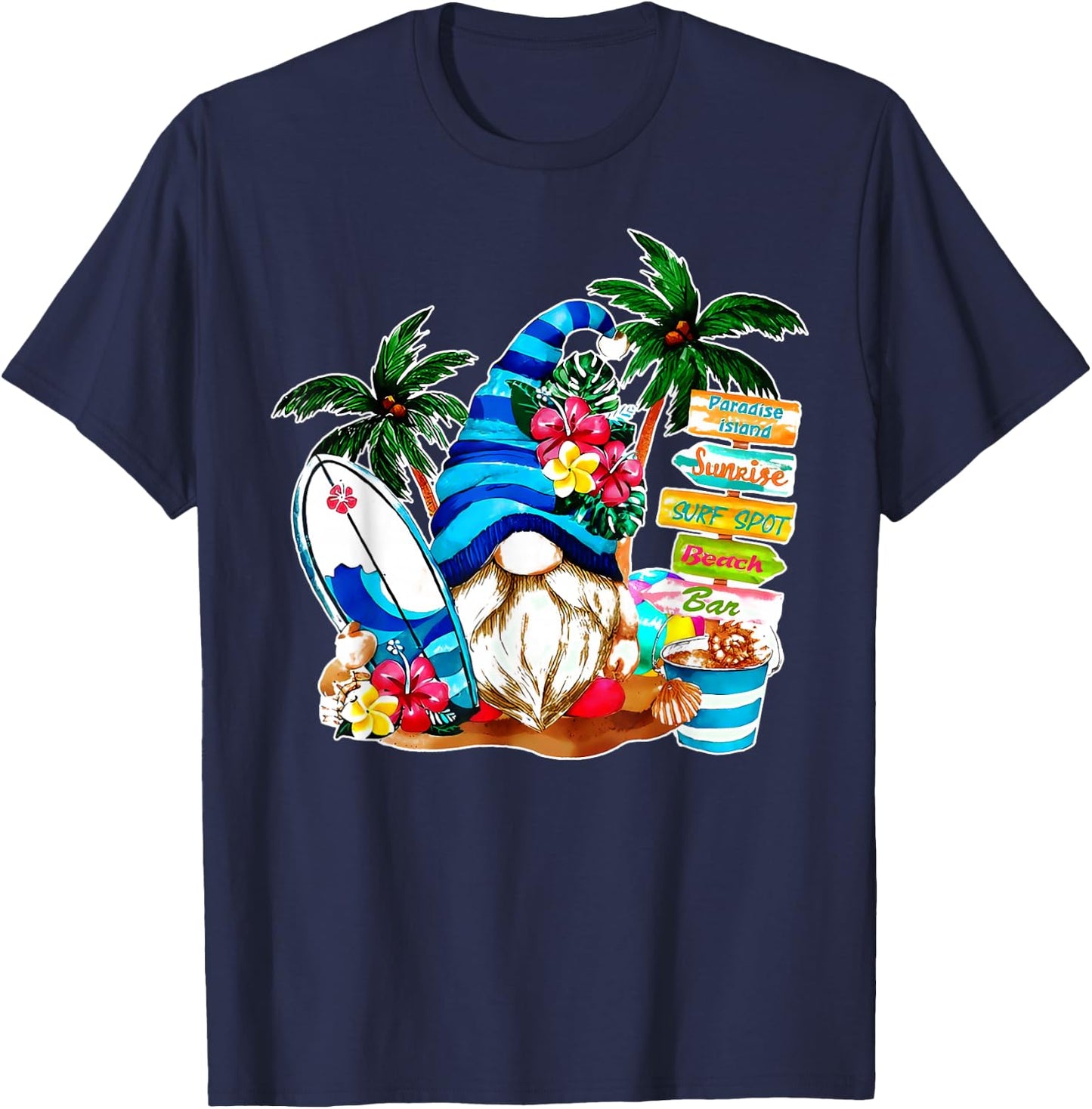 Holiday Beach Gnome Flower Palm Tree Surf Vacation Gnomies T-Shirt - T-Shirt | Navy