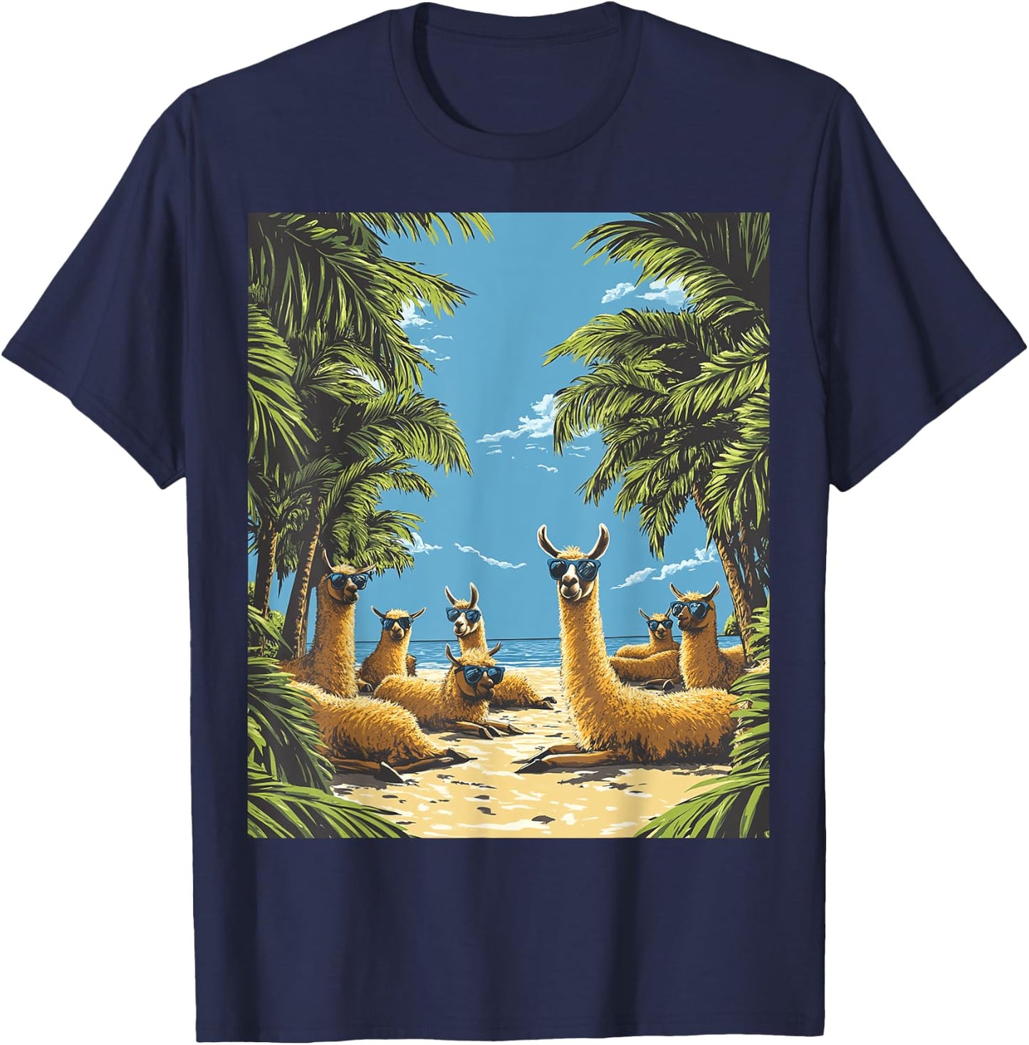 Funny Llamas Lounging On Beach T-Shirt - T-Shirt | Navy