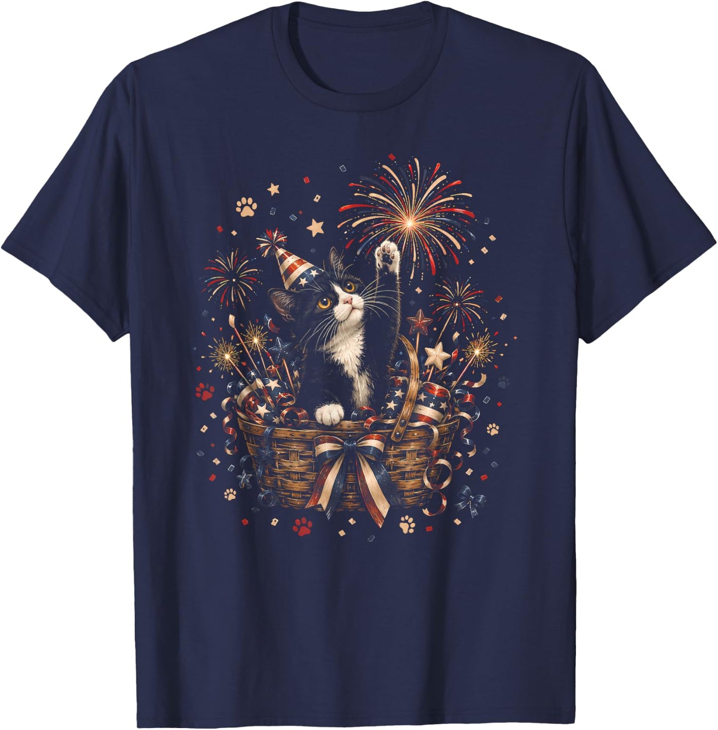 Patriotic Cat 4th of July American Flag Bow Girls Women T-Shirt - T-Shirt | Navy