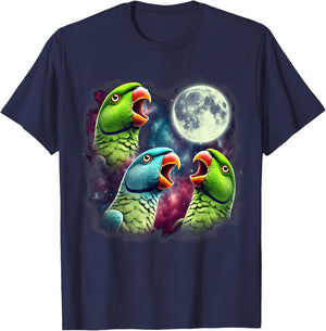Three Indian Ringneck Parrots Howling at Moon Funny Meme T-Shirt - T-Shirt | Navy