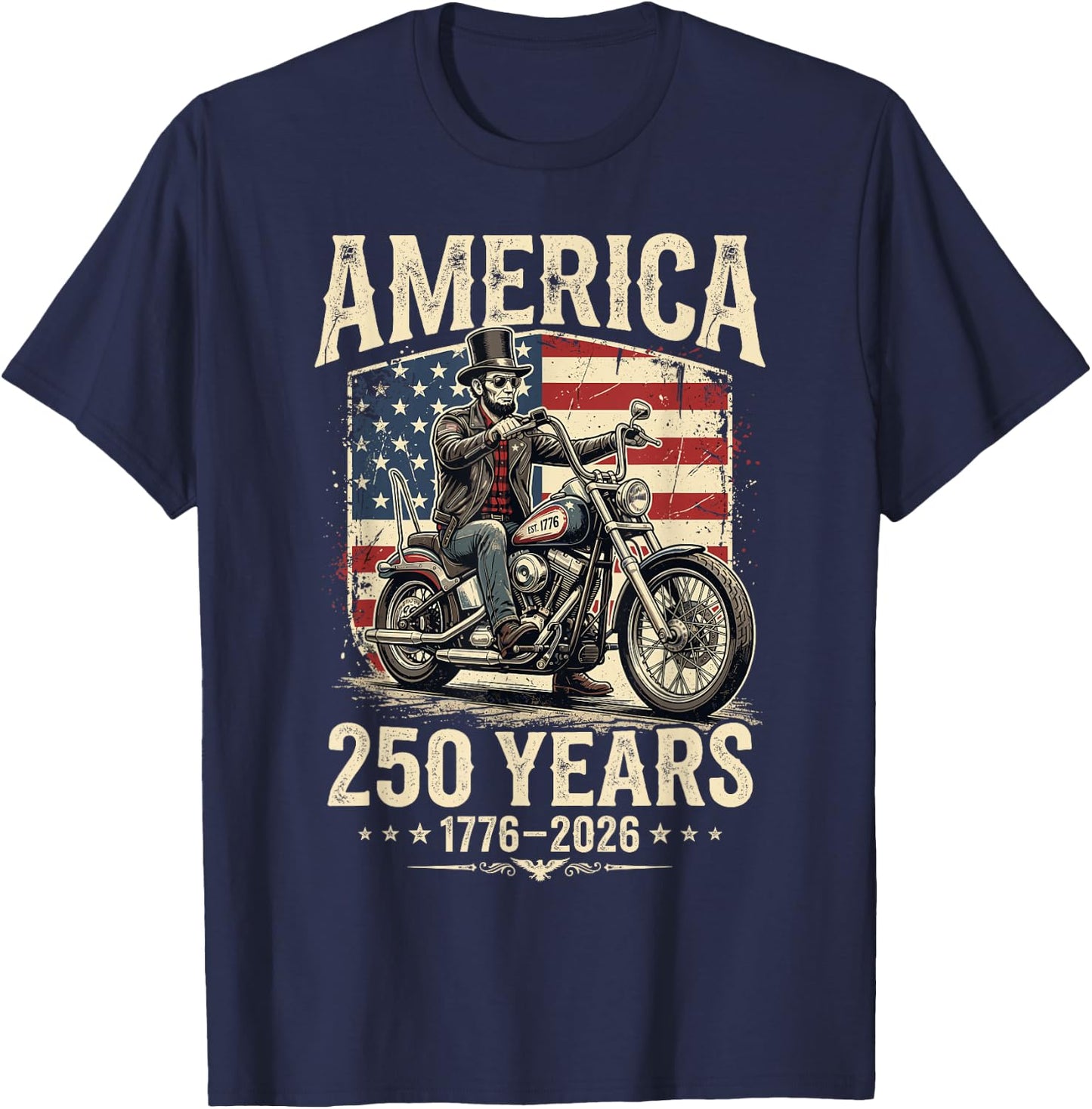 America 250 Years Freedom Abraham Lincoln Riding Motorcycle T-Shirt - T-Shirt | Navy