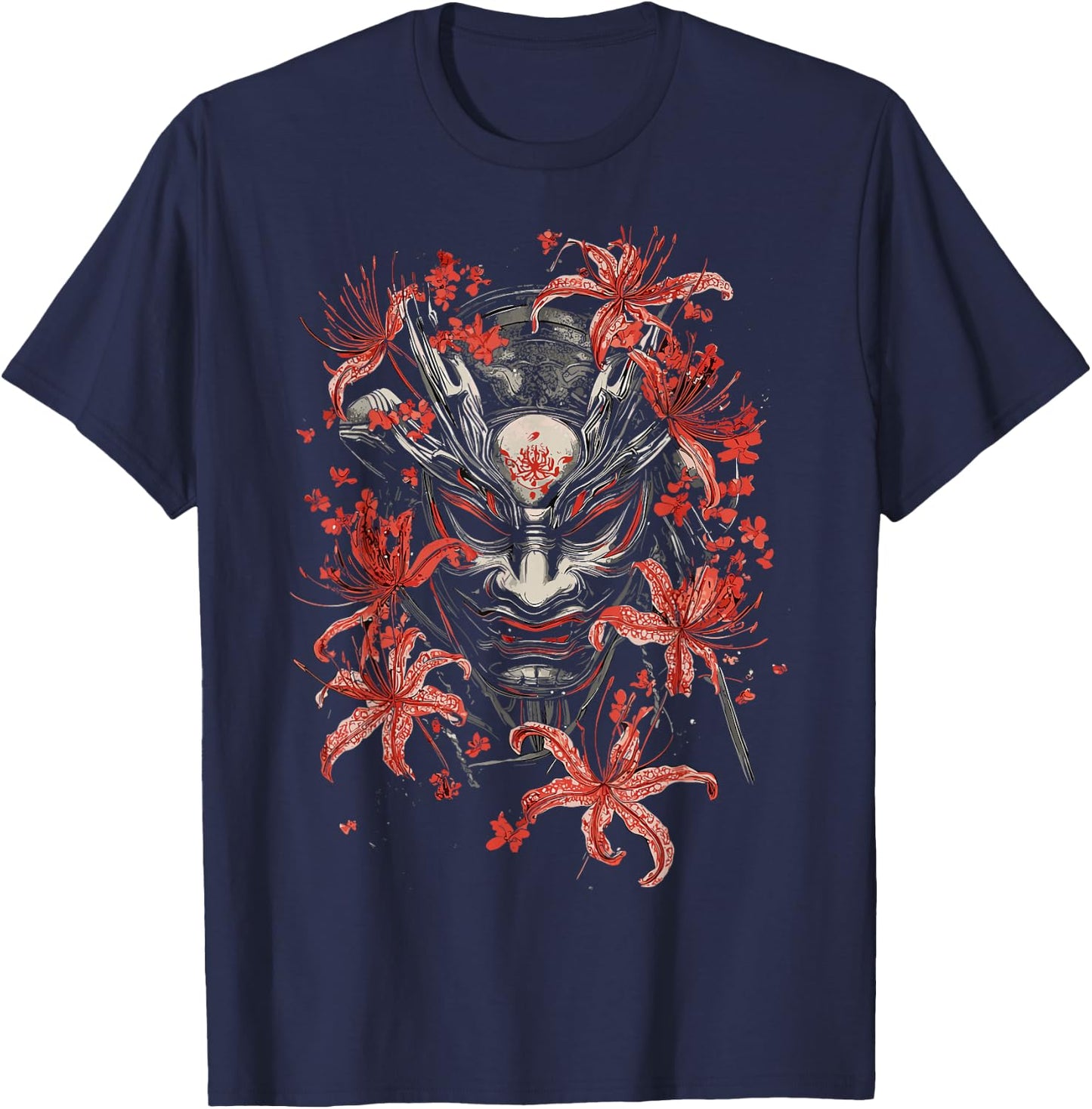 Red Spider Lily Flower Oni Mask Noh Japanese Anime Otaku T-Shirt - T-Shirt | Navy