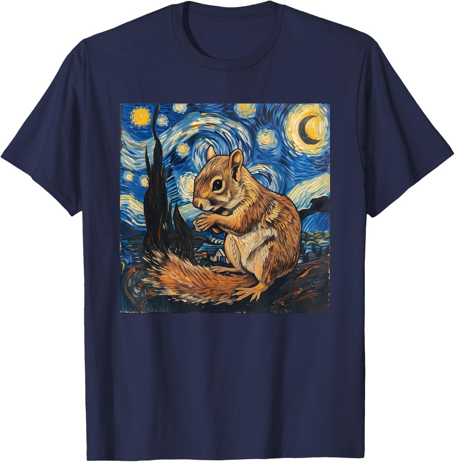 Squirrel Van Gogh Style Starry Night T-Shirt - T-Shirt | Navy