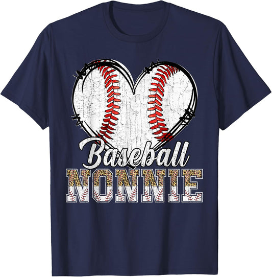 Softball Baseball Nonnie Heart Leopard Print Mother's Day T-Shirt - T-Shirt | Navy