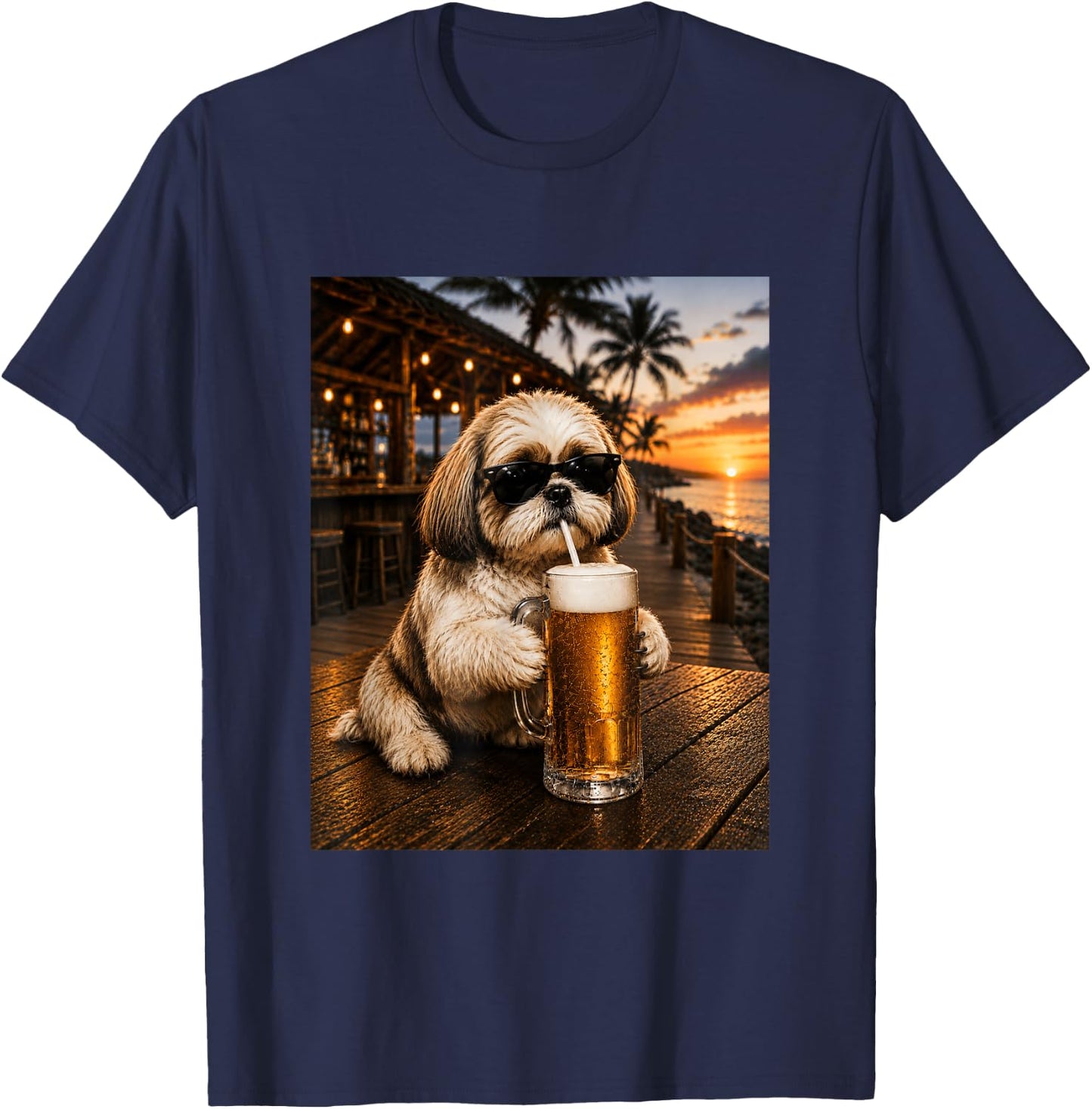 Funny Shih Tzu Drinking Beer Beach Sunset Men Women T-Shirt - T-Shirt | Navy