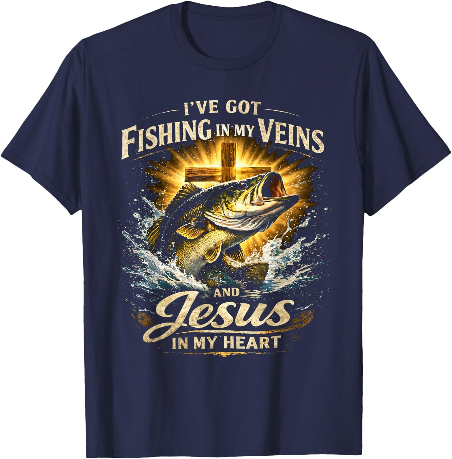 Fishing in My Veins Jesus in My Heart T-Shirt - T-Shirt | Navy