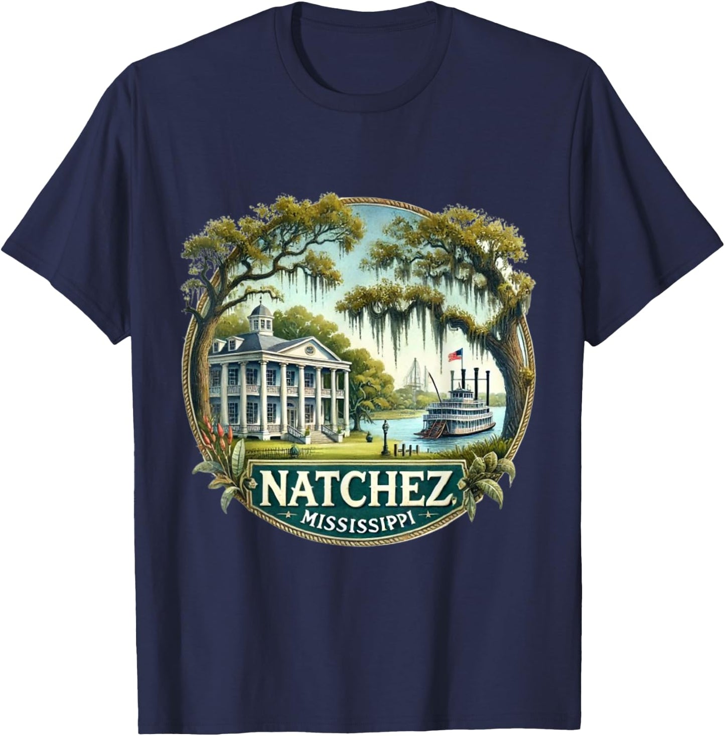 Natchez, MS Mississippi River Boat Plantation T-Shirt - T-Shirt | Navy