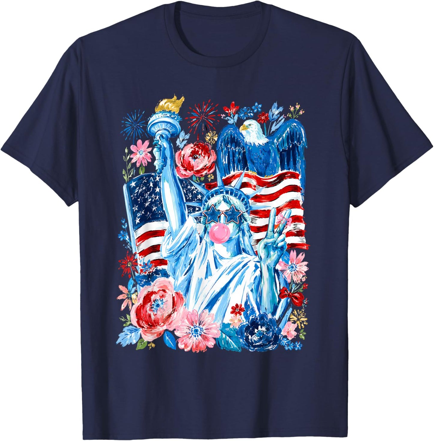 Brushstroke Statue of Liberty Blowing Bubble Gum 4th of July T-Shirt - T-Shirt | Navy