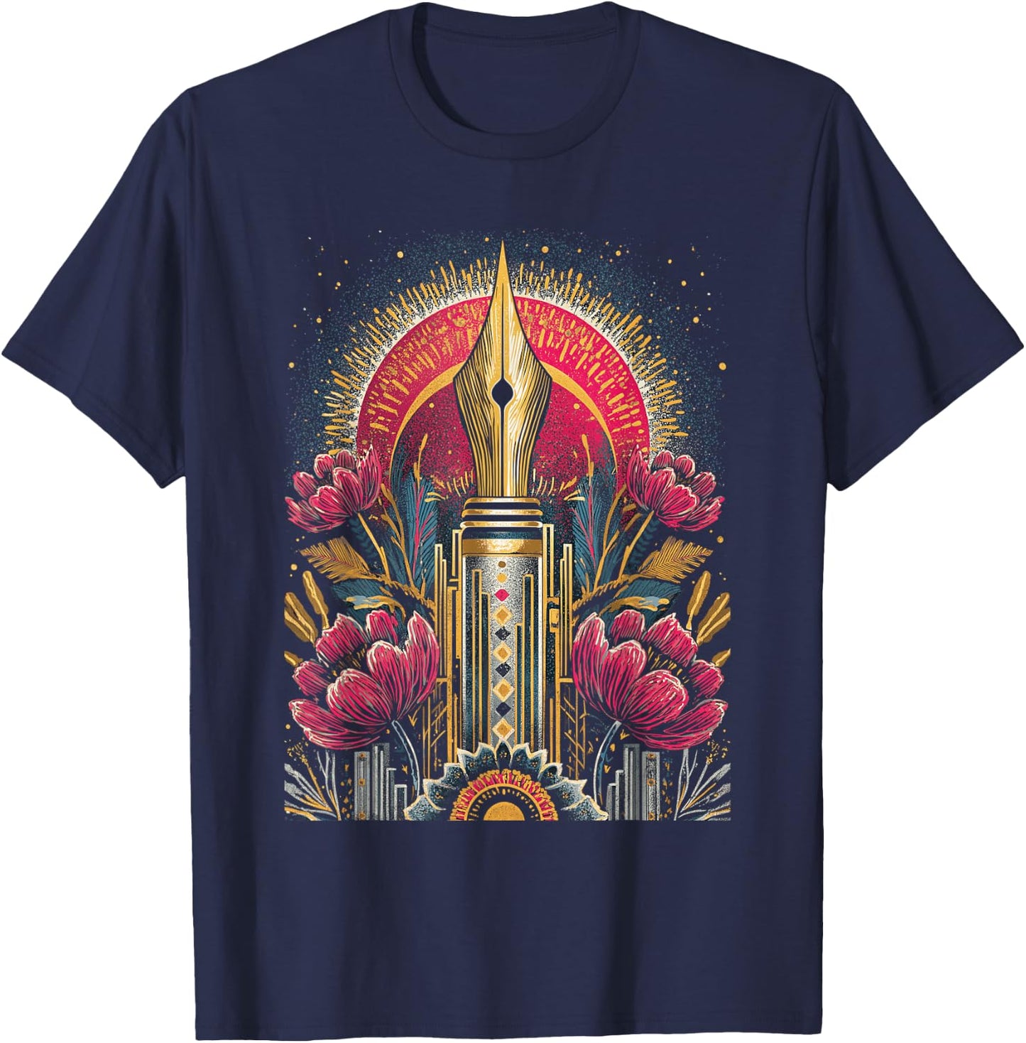 Art Deco Fountain Pen with Floral Ornament Retro Vintage T-Shirt - T-Shirt | Navy