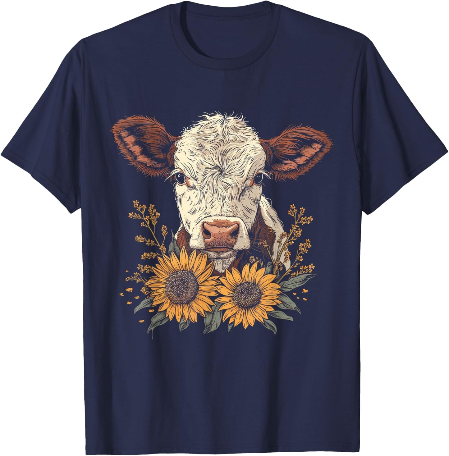 Cow Sunflowers Cute Baby Cow Vintage Farm Animals Farmer T-Shirt - T-Shirt | Navy