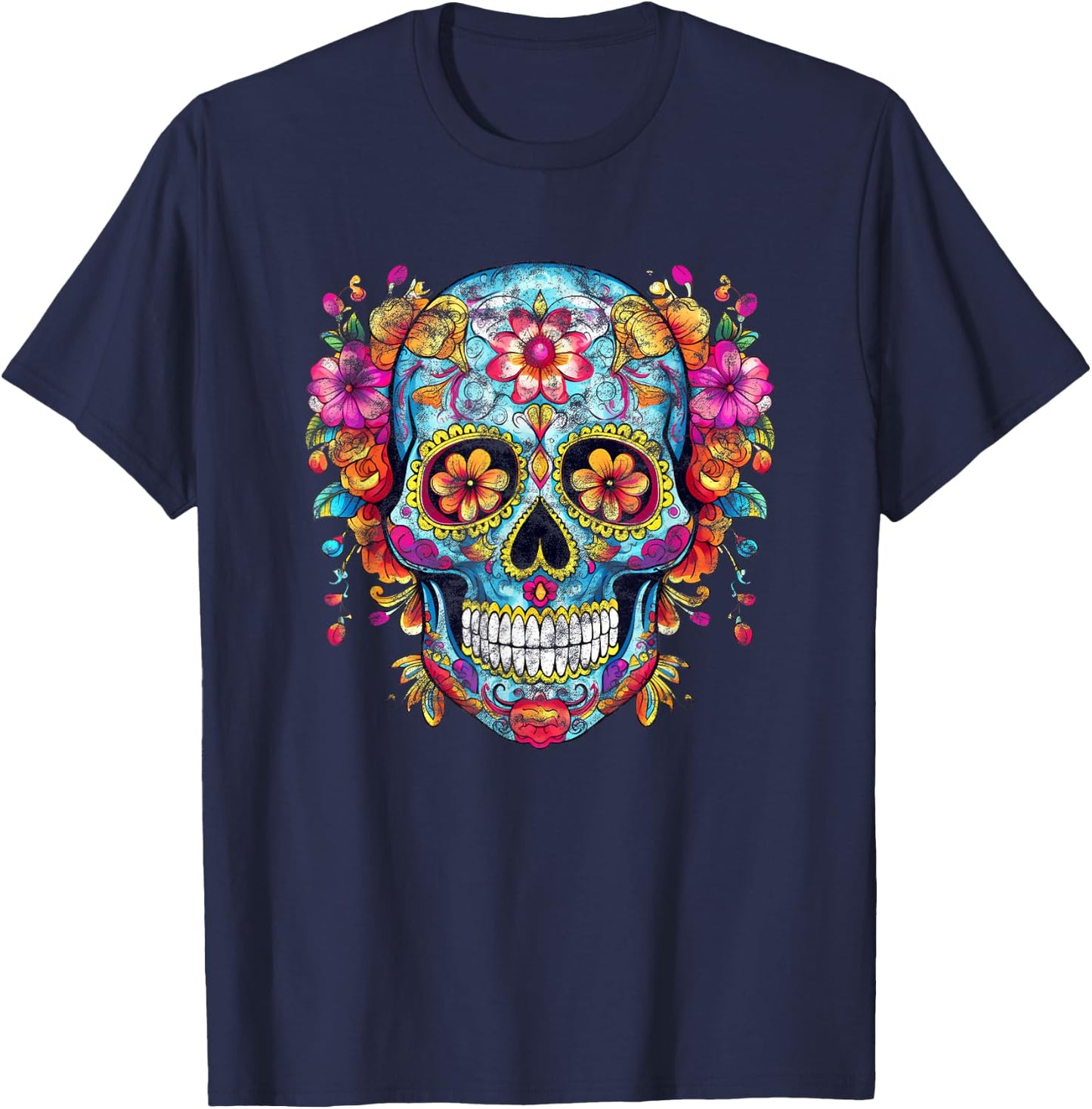 Bunter Mexikanischer Totenschädel Muster Blumen Halloween T-Shirt - T-Shirt | Navy