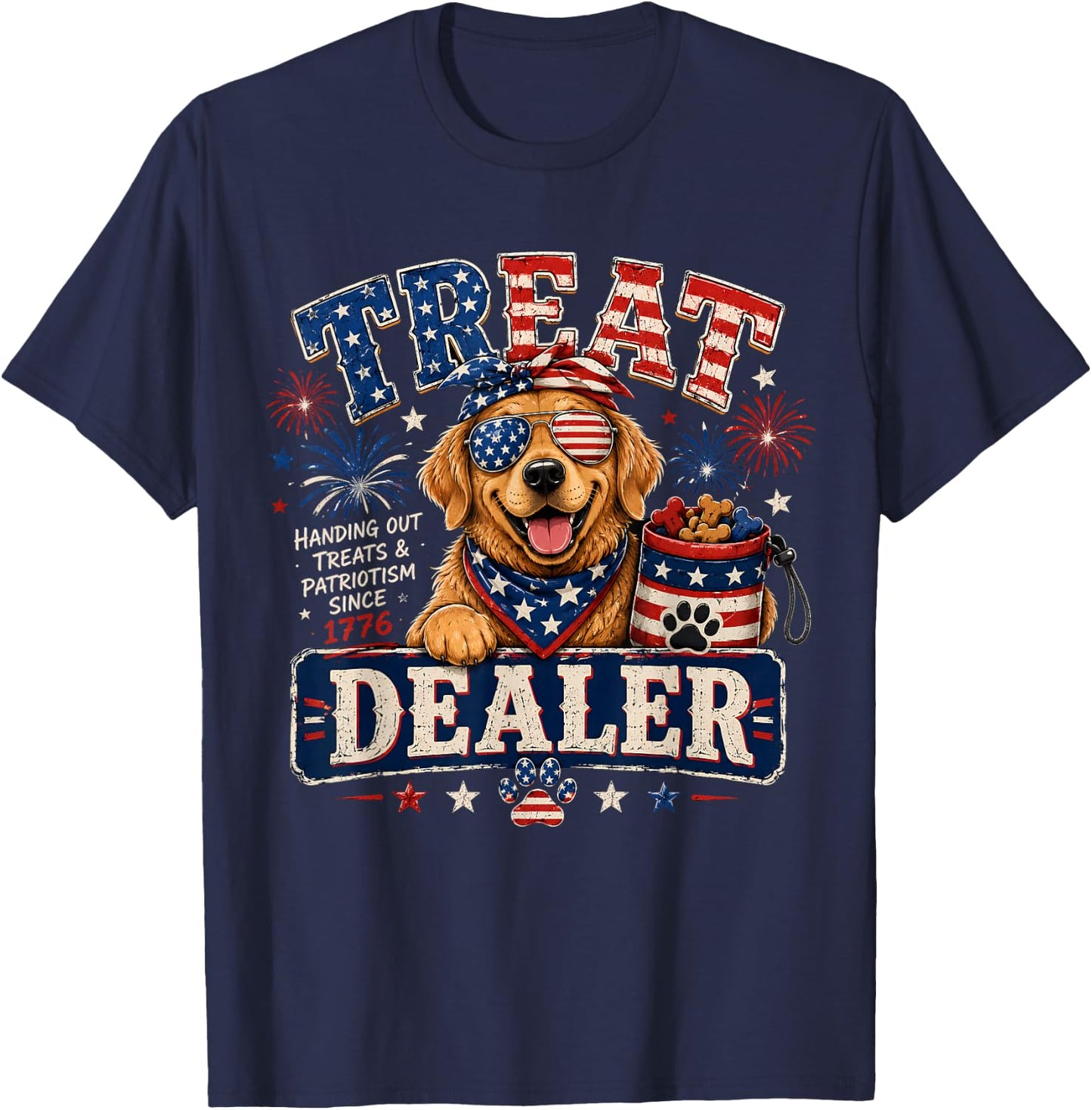 Dog Treat Dealer USA Patriotic 4th of July Golden Retriever T-Shirt - T-Shirt | Navy