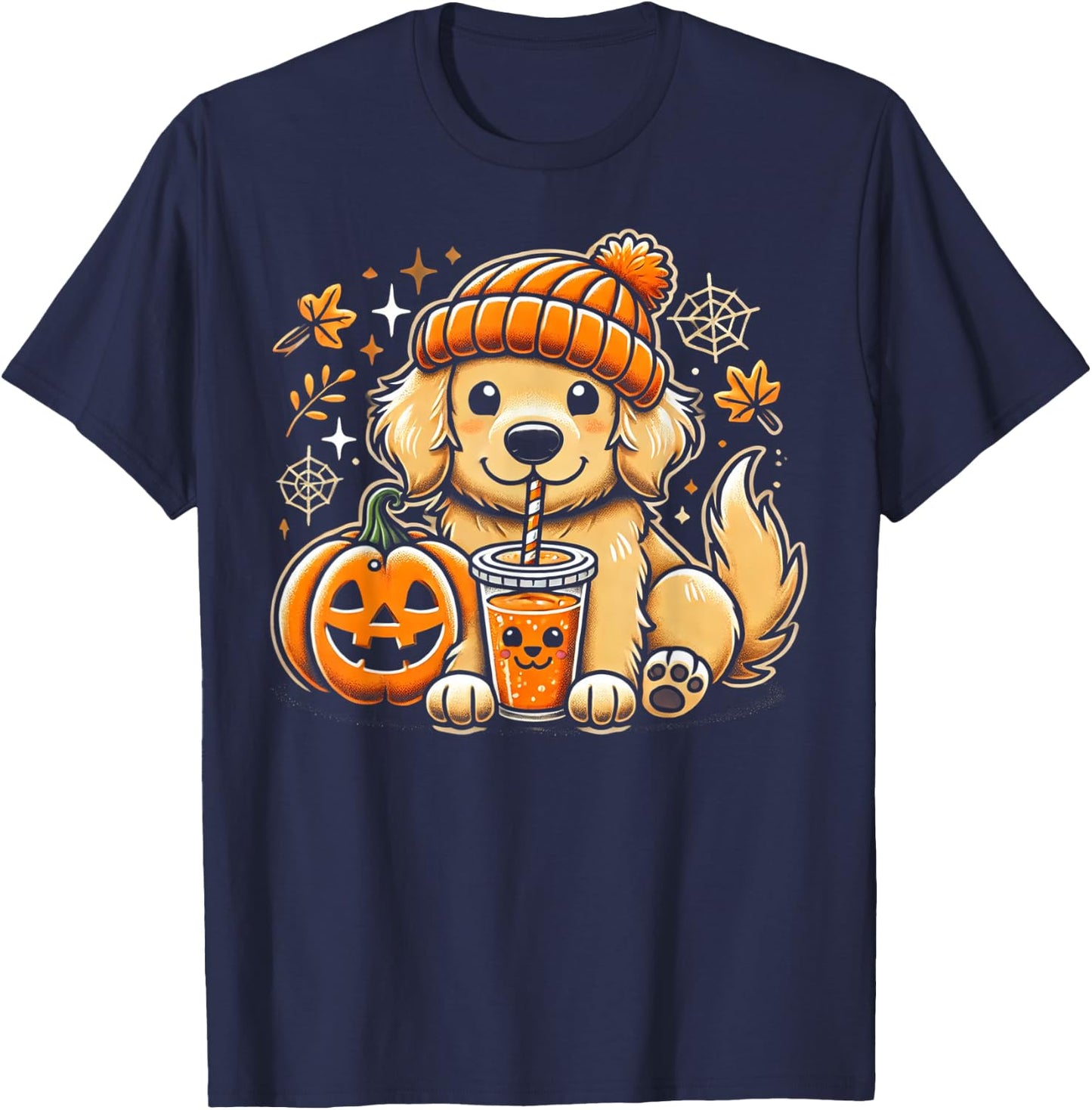 Cute Golden Retriever in Autumn with Pumpkin Drink T-Shirt - T-Shirt | Navy