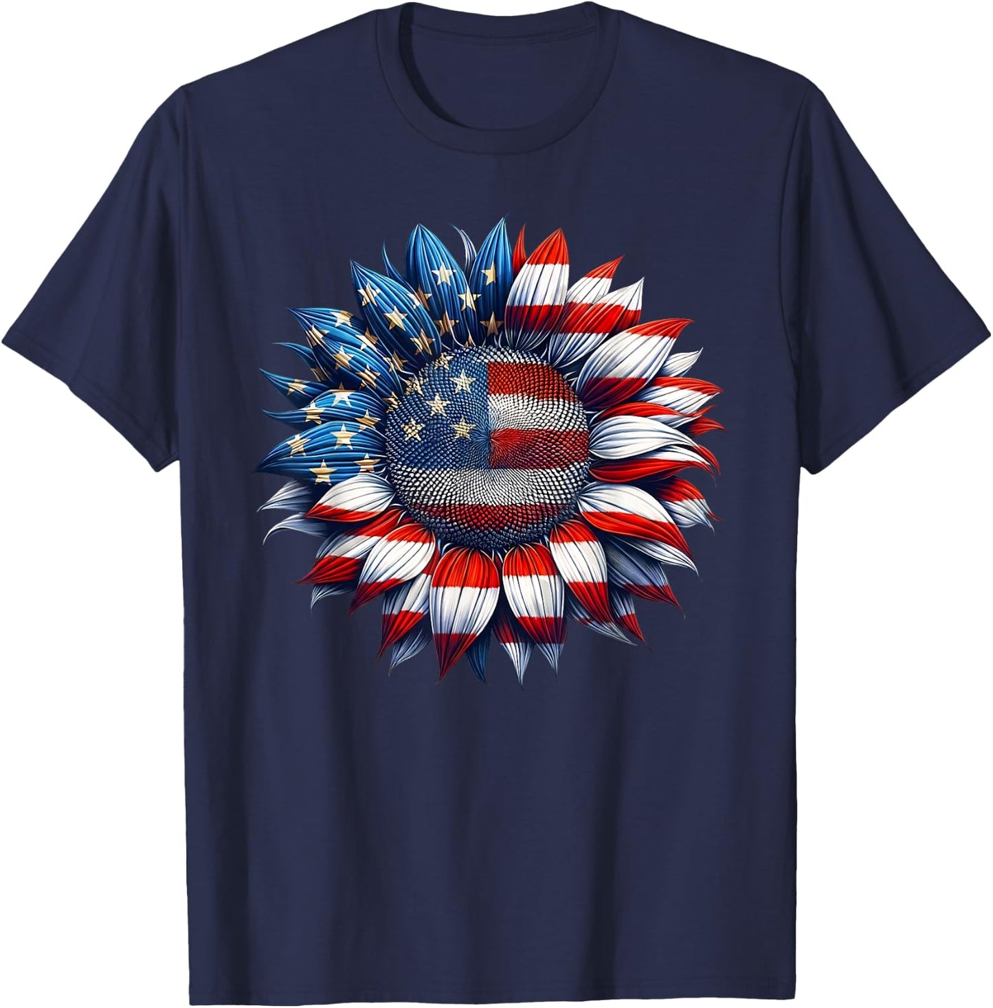 Sunflower American Flag 4th of July Women Men Merica USA T-Shirt - T-Shirt | Navy