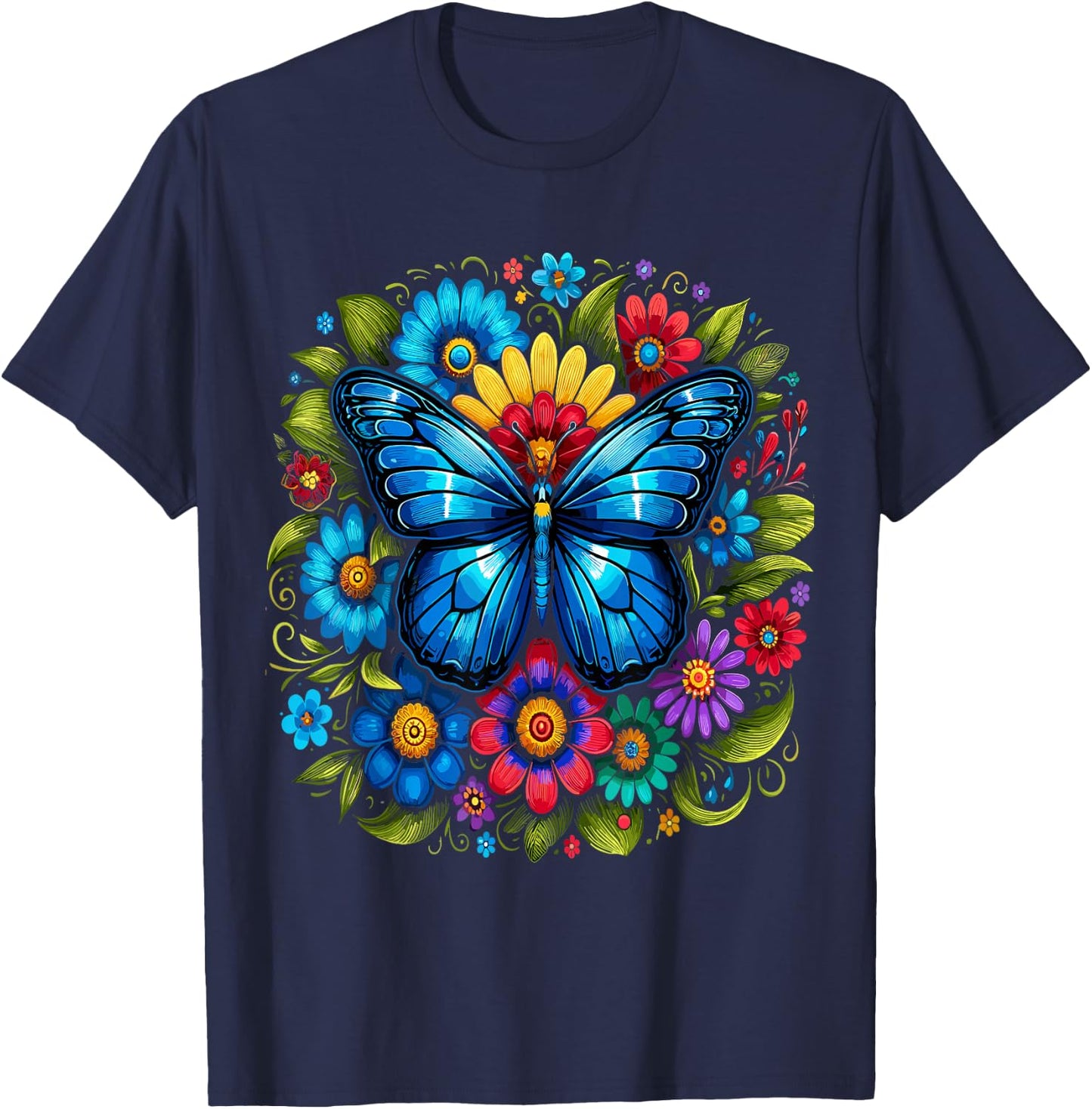 Blue Butterfly With Flowers Garden Beautiful Butterflies T-Shirt - T-Shirt | Navy