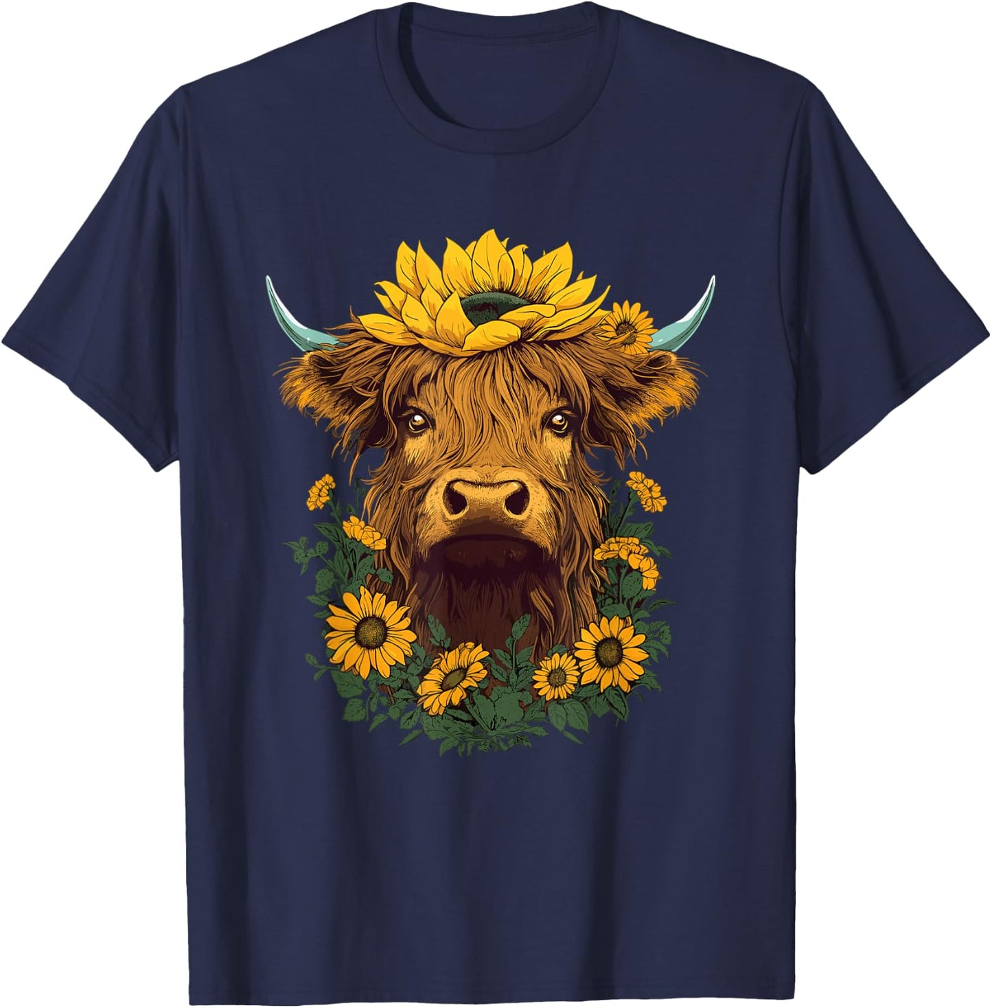 Highland Cow Sunflower Western Country T-Shirt - T-Shirt | Navy