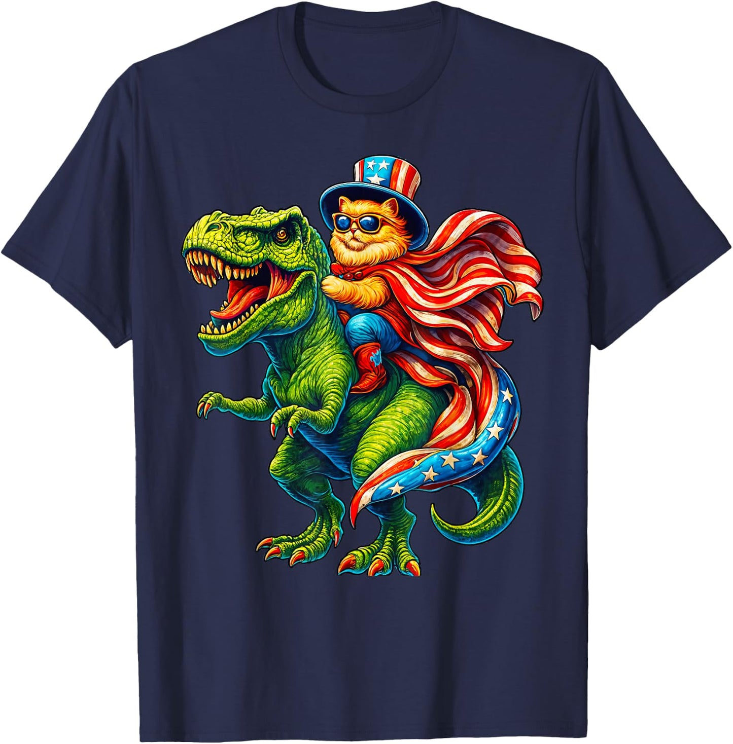 Patriotic Cat Riding T-Rex 4th of July Dinosaur USA Flag T-Shirt - T-Shirt | Navy