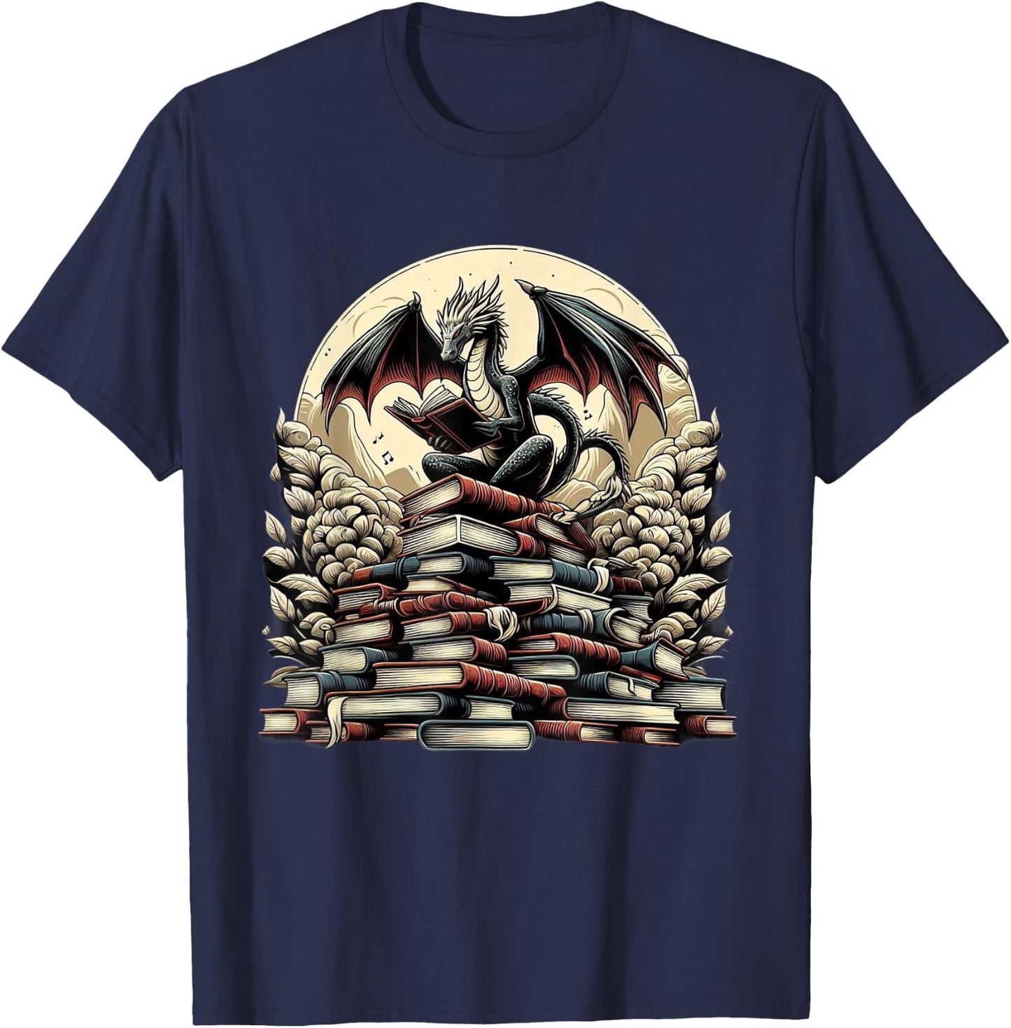 Dragon Reading a Book Dragons and Books Lover Bookworm T-Shirt - T-Shirt | Navy