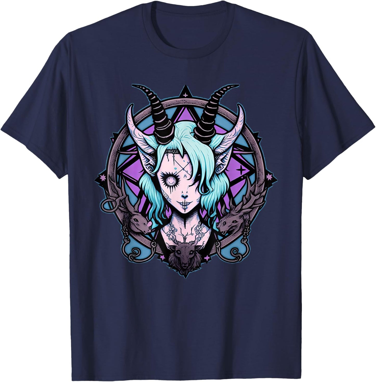 Kawaii Paste Scary Goat Pentacle T-Shirt - T-Shirt | Navy