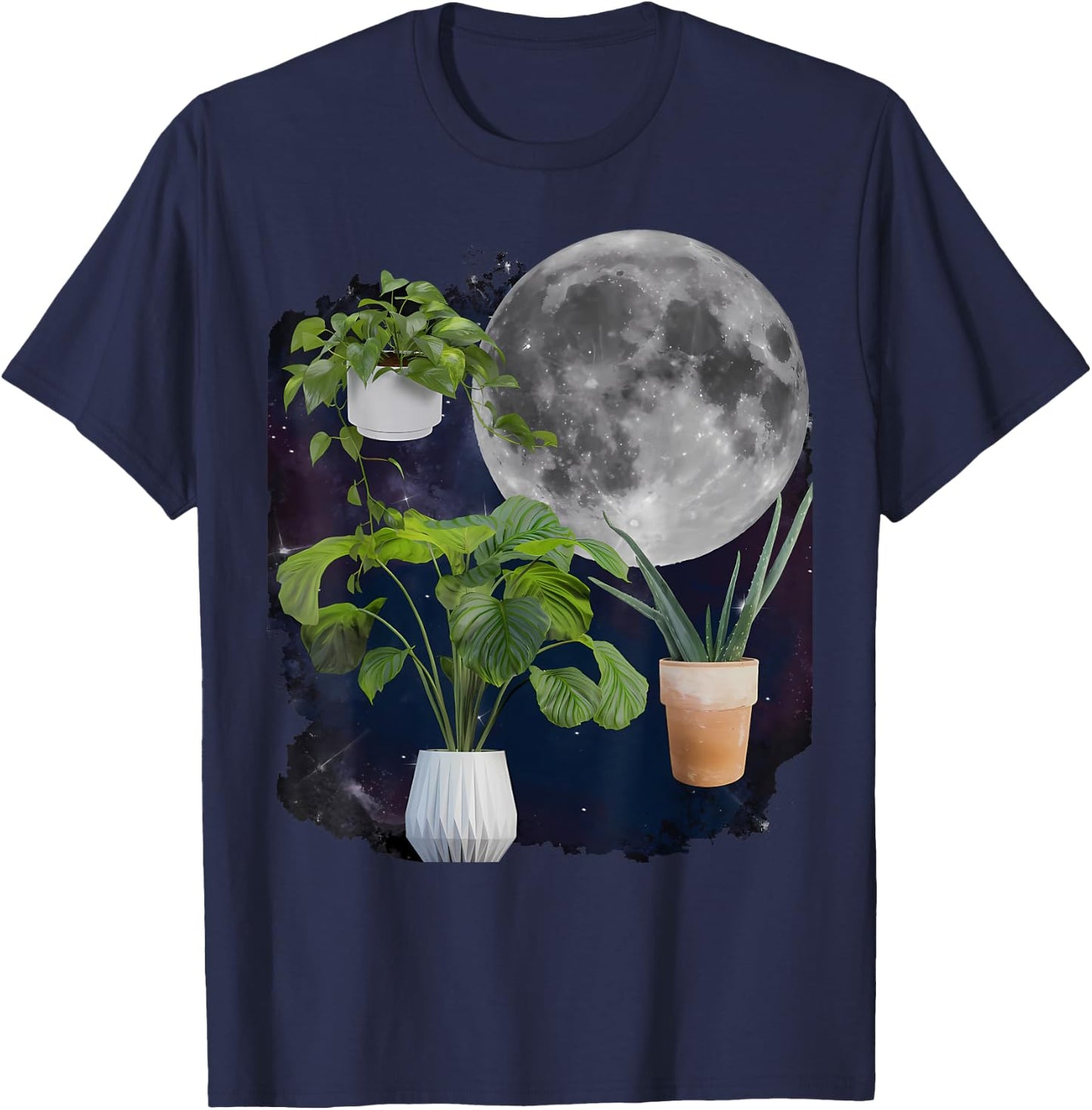 Three Potted Plants Howling At The Moon Plant Lover Gardener T-Shirt - T-Shirt | Navy