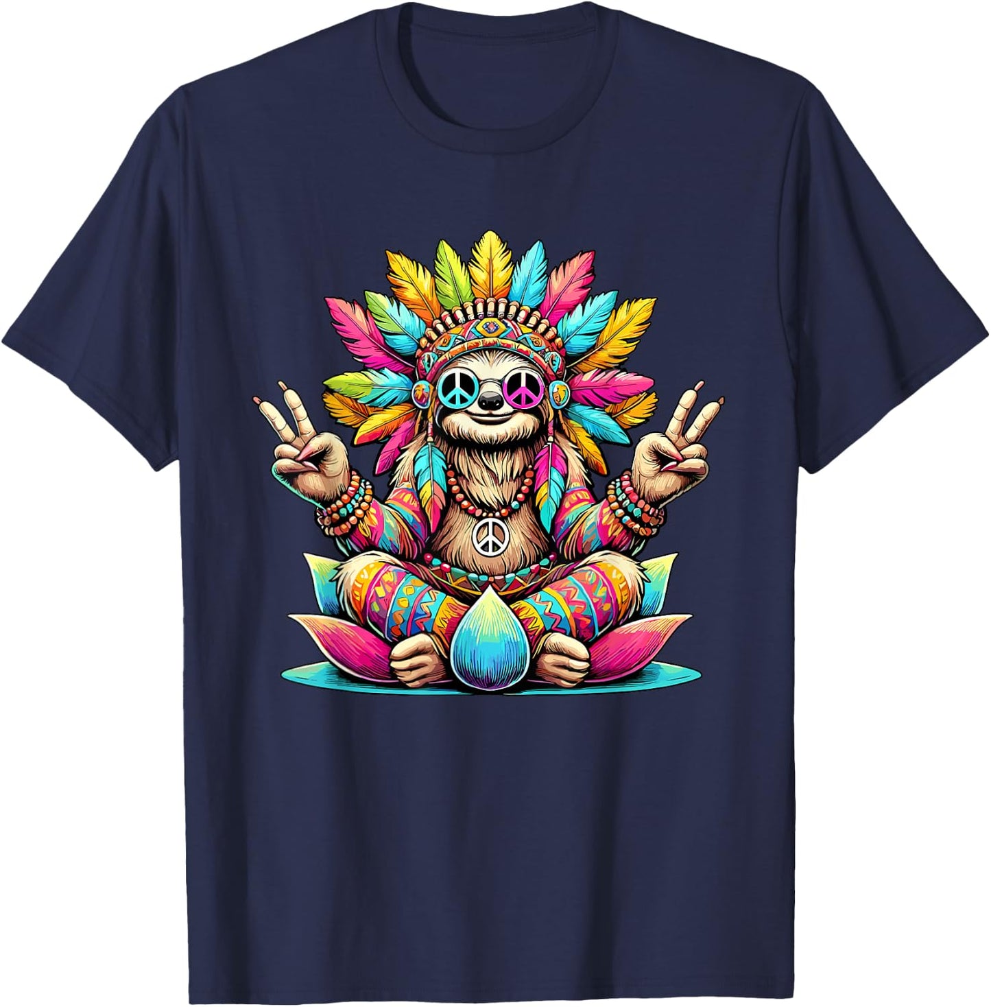 Hippie Sloth, Peace Sign, 70s Party & Costume 60s 70s , Black, S T-Shirt - T-Shirt | Navy