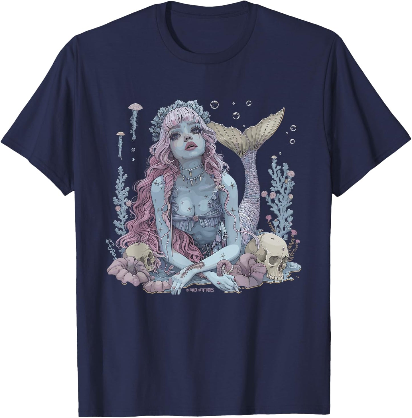 Dark Mermaid Art Gothic Mermaidcore Nautical Ocean Goth T-Shirt - T-Shirt | Navy