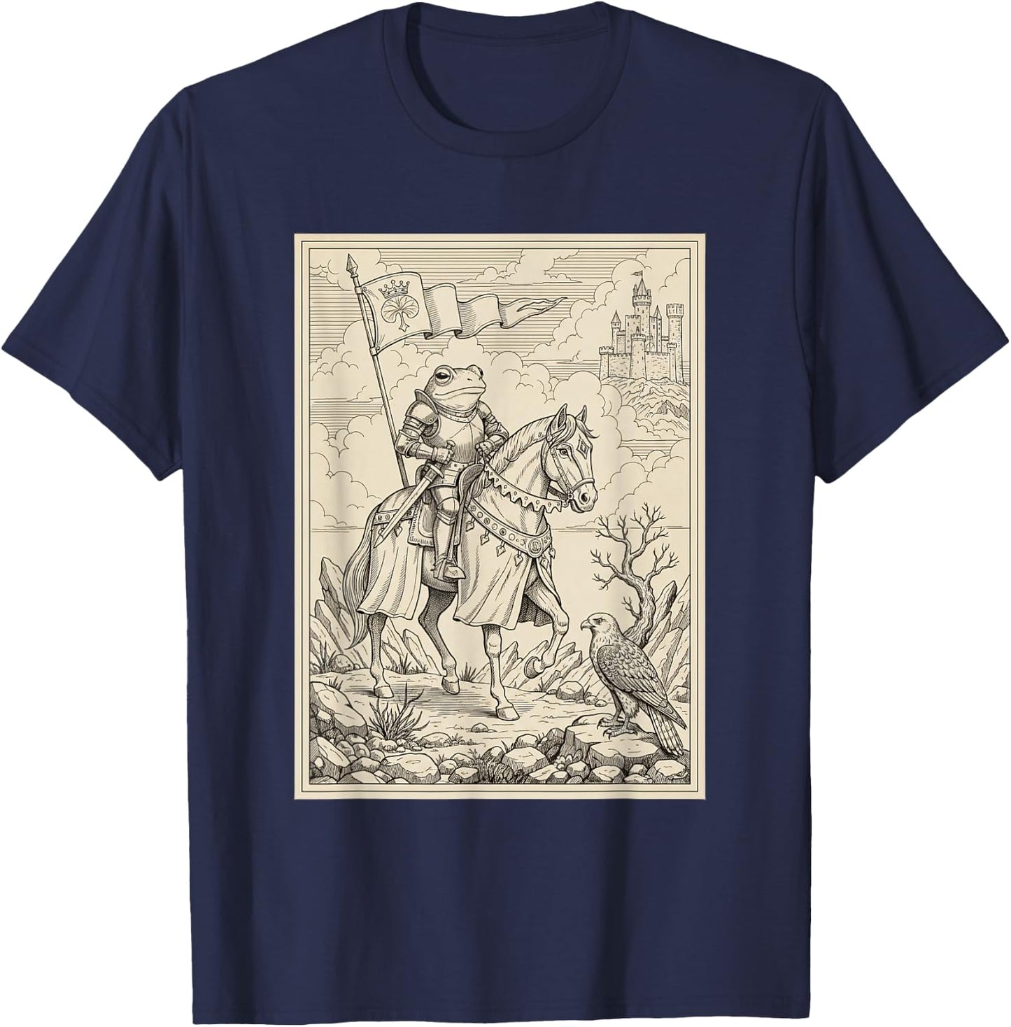 Knight Frog Vintage Illustration Medieval Castle Fantasy T-Shirt - T-Shirt | Navy