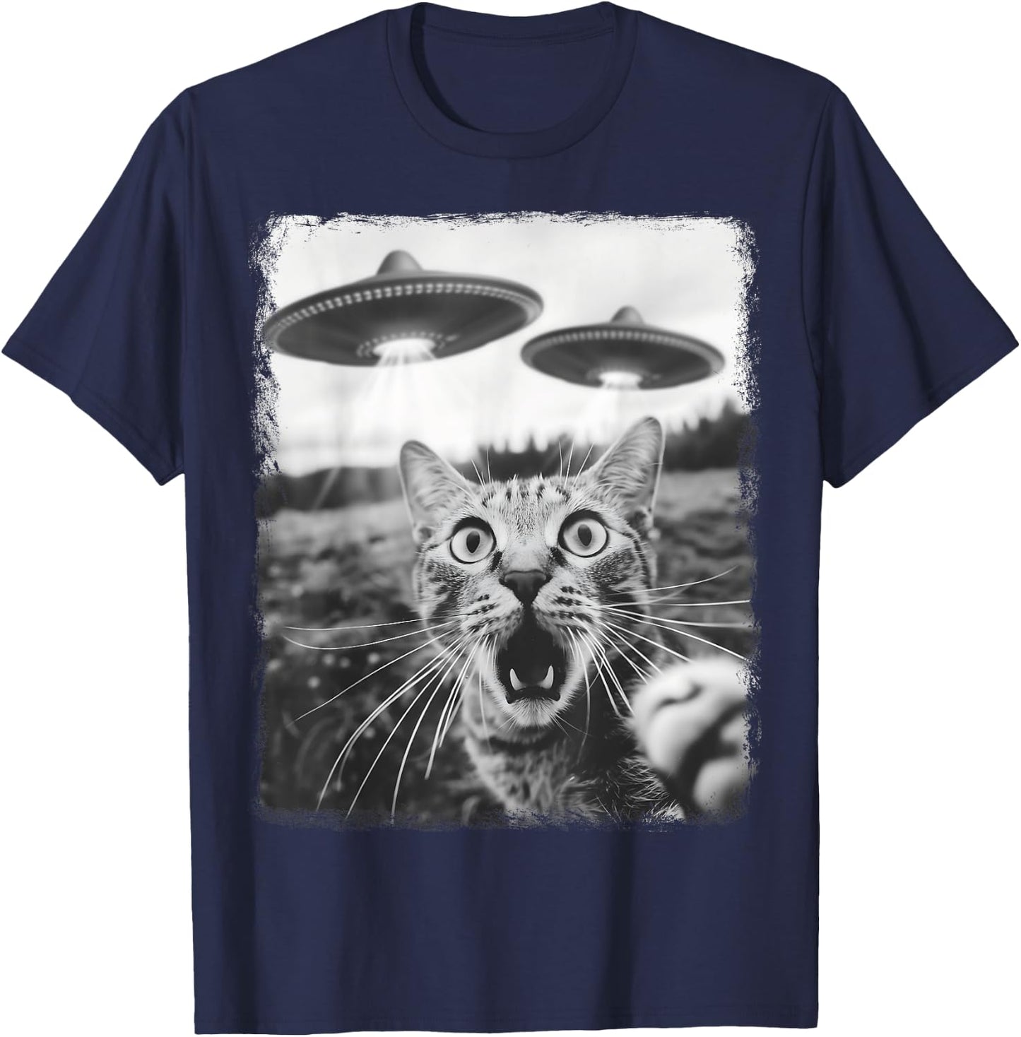 Alien Selfie Alien UFO Tabby Cat , Black, S T-Shirt - T-Shirt | Navy