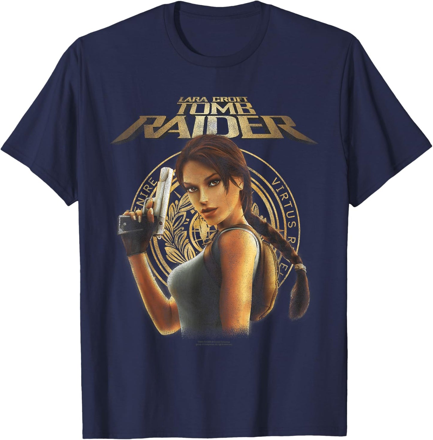 Lara Croft Portrait with Seal Retro Video Game T-Shirt - T-Shirt | Navy