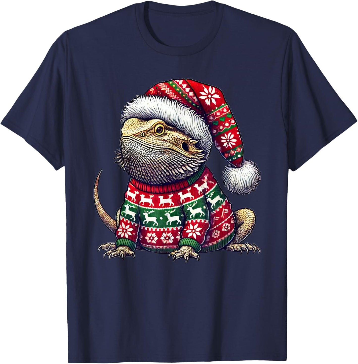 Bearded Dragon Ugly Sweater Santa Hat Christmas T-Shirt - T-Shirt | Navy