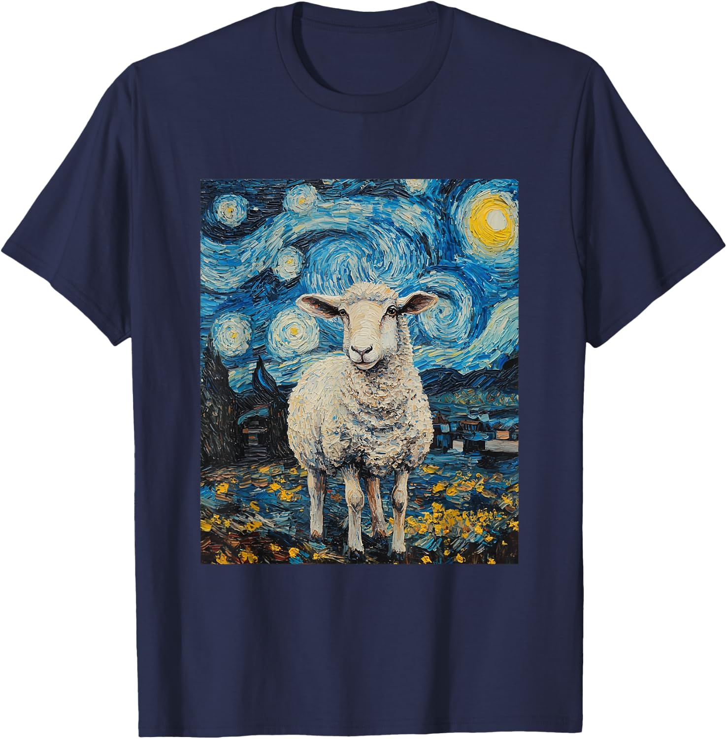 Funny Sheep Van Gogh Style Starry Night Graphic T-Shirt - T-Shirt | Navy
