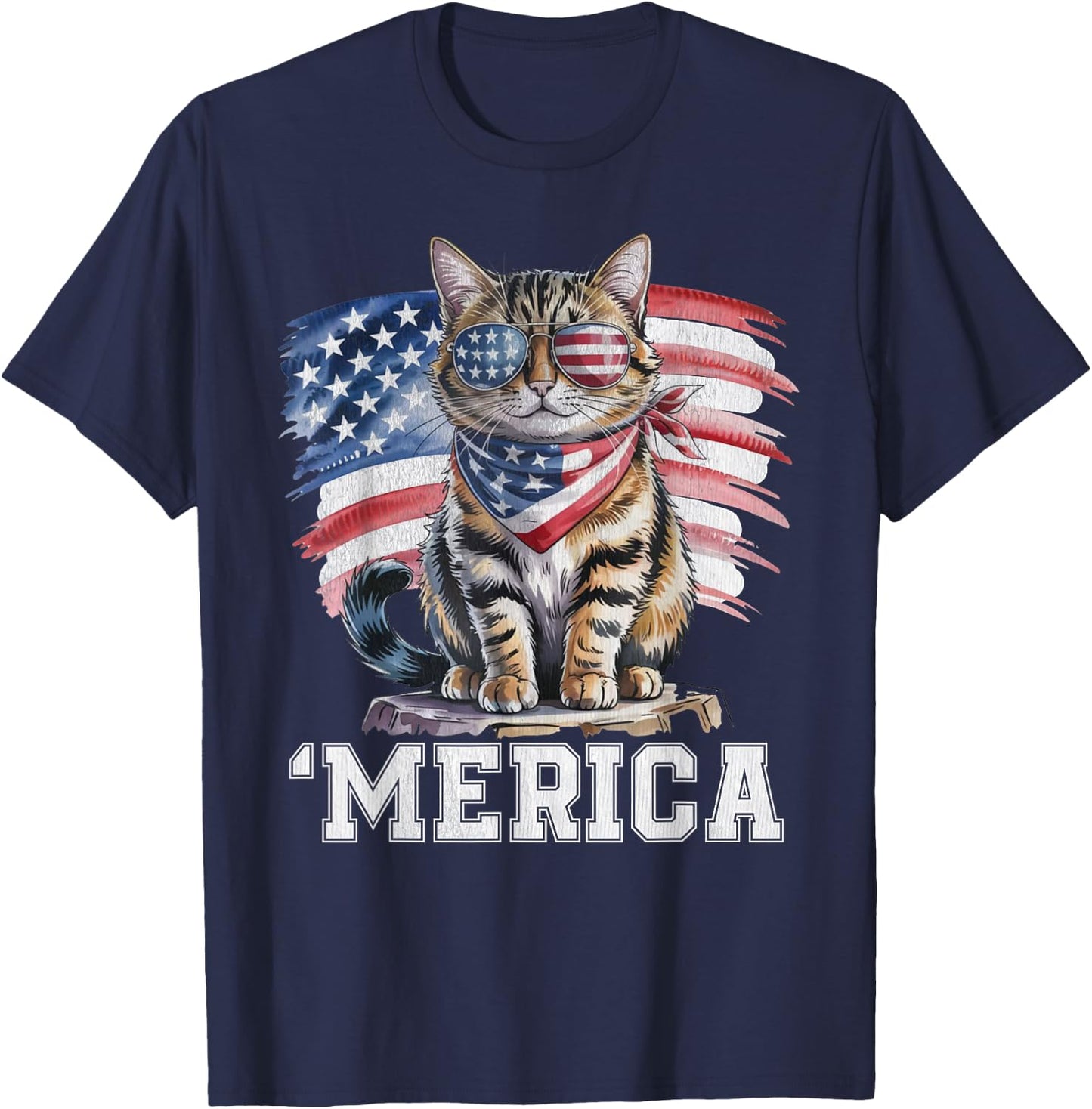 USA 'Merica Cat 4th of July Men Women Kids Funny Patriotic T-Shirt - T-Shirt | Navy