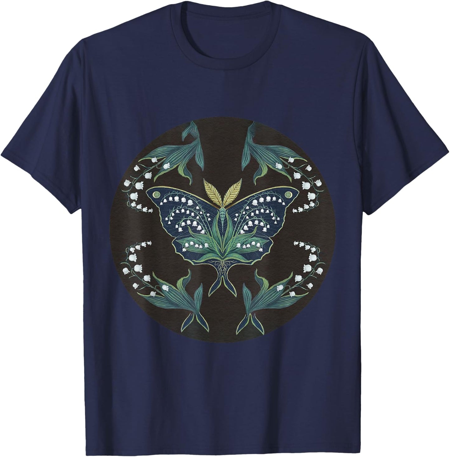 Great Peacock Moth Kawaii Insect Lily Of Valley Garden T-Shirt - T-Shirt | Navy