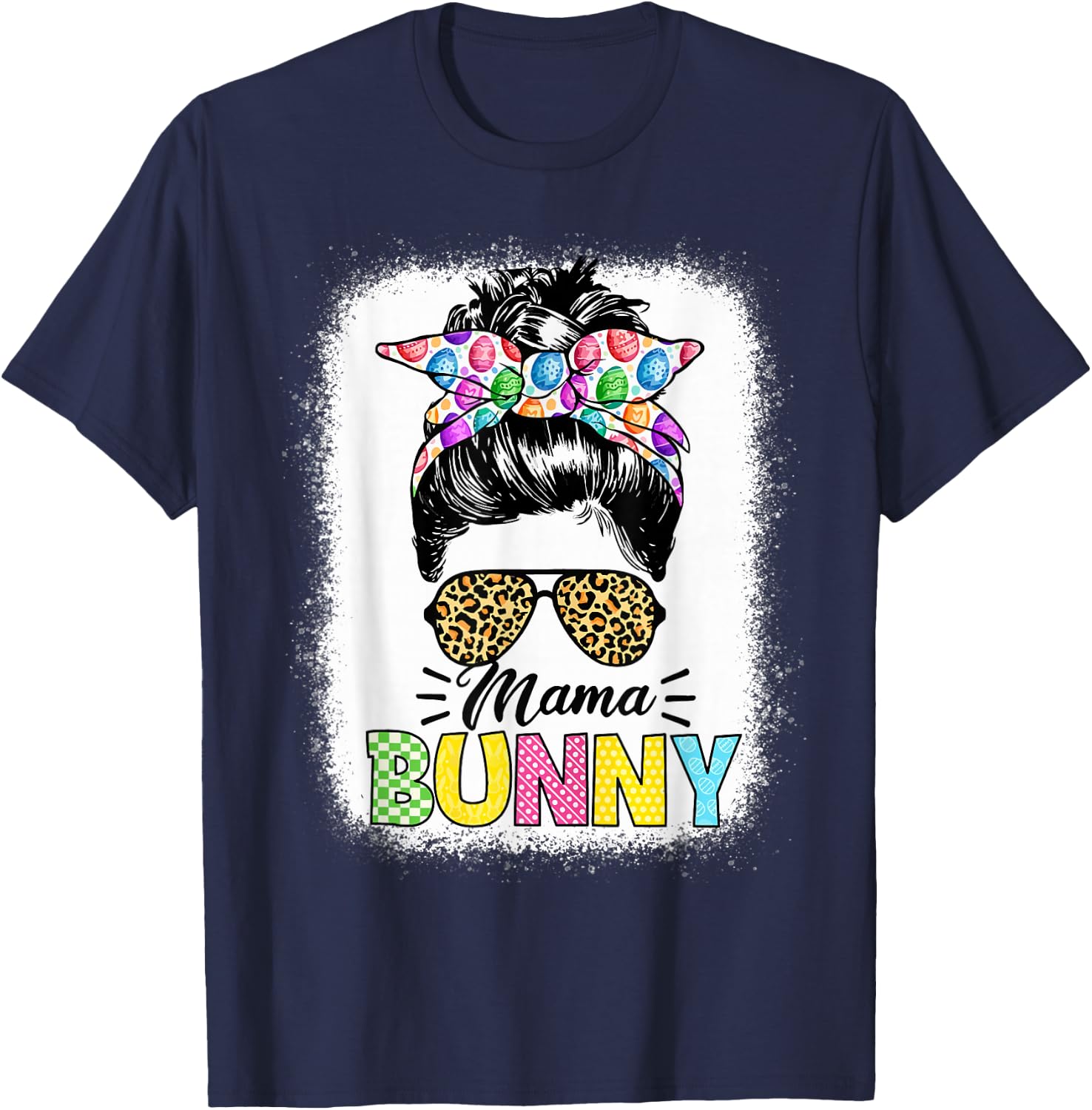 Mama Bunny Shirt Easter Mom Messy Bun Leopard T-Shirt - T-Shirt | Navy