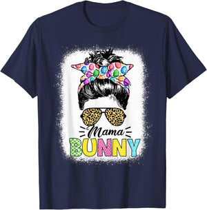 Mama Bunny Shirt Easter Mom Messy Bun Leopard T-Shirt - T-Shirt | Navy