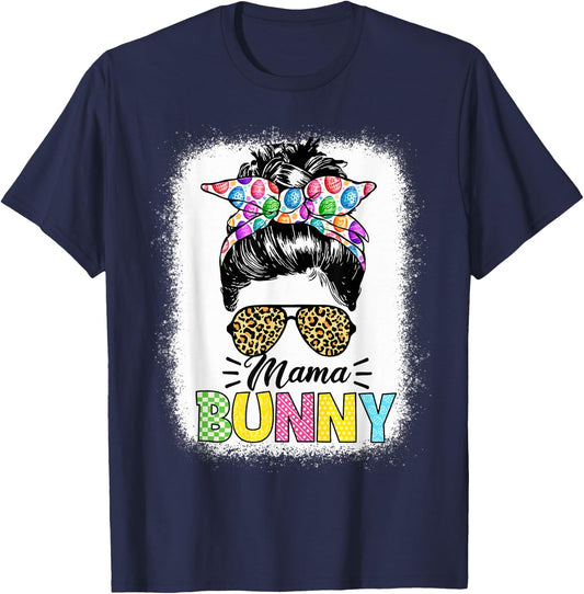 Mama Bunny Shirt Easter Mom Messy Bun Leopard T-Shirt - T-Shirt | Navy