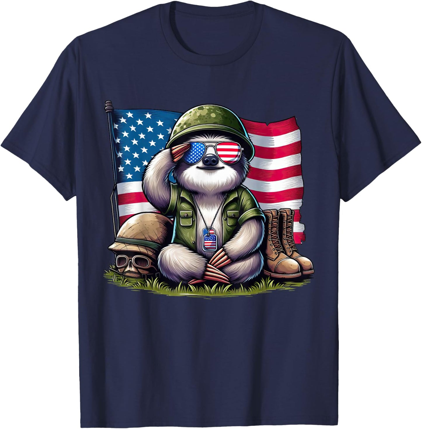 Salute Sloth American USA Flag Memorial Day 4th of July T-Shirt - T-Shirt | Navy