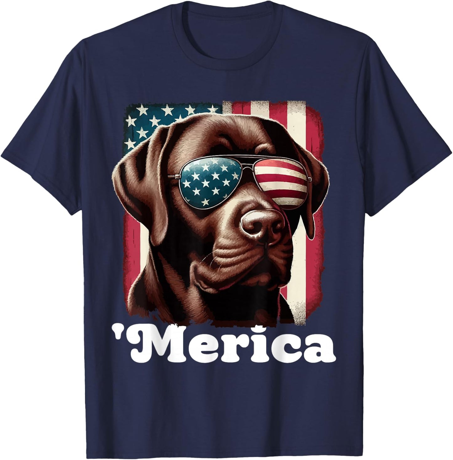 Merica Chocolate Lab Flag USA Patriotic 4th of July Labrador T-Shirt - T-Shirt | Navy
