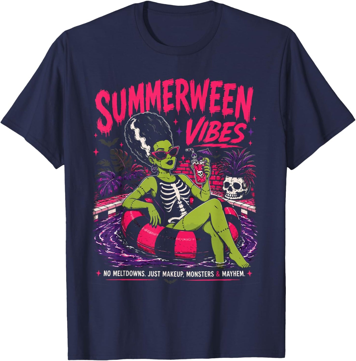 Summerween Vibes Funny Summer Vacation Spooky Summer Ghoul T-Shirt - T-Shirt | Navy